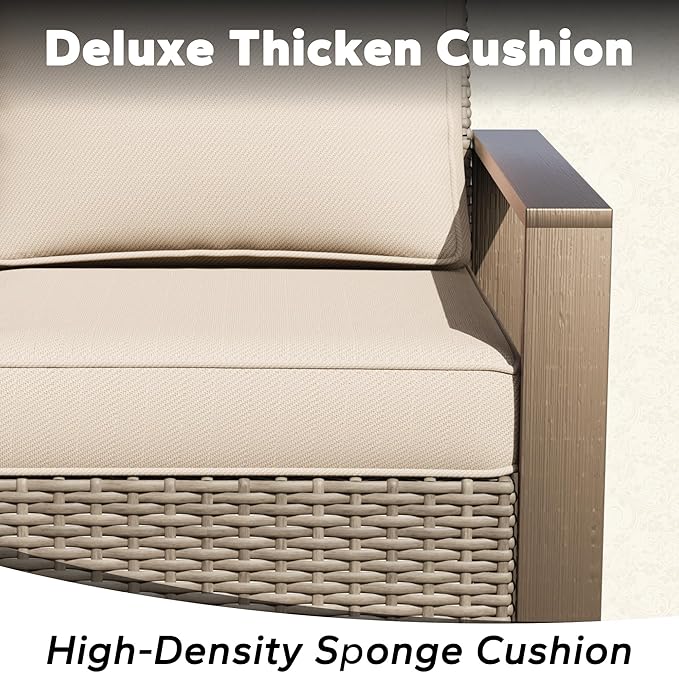4 Pieces Patio Furniture Set with Wicker 75" Sofa, Two Swivel Rocker Chairs, One Coffee Table, Outdoor Conversation Furniture Set with Metal Armrest & Removable Cushions for Deck, Beige