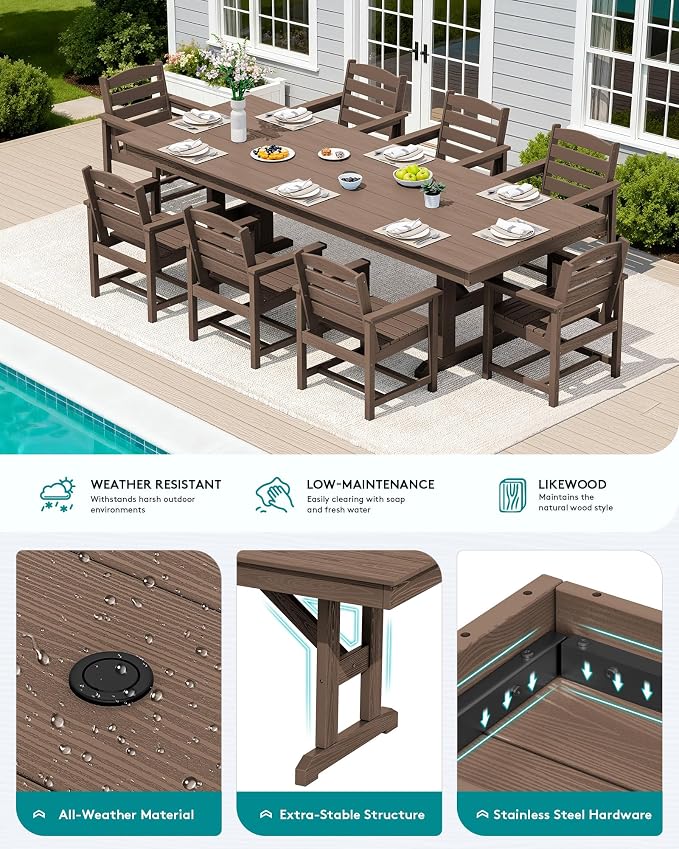 SERWALL 10 Piece Outdoor Dining Set with 15ft Triple-Head Foldable Umbrella(Based not Included), 84" HDPE Outdoor Table and Chairs for 8, Brown