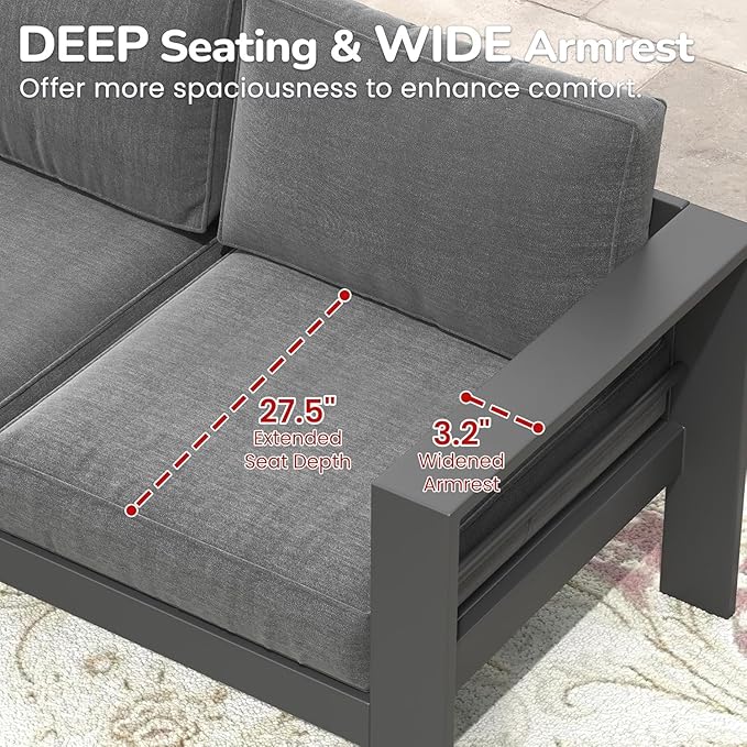 Outdoor Conversation Sets, Aluminum Patio Couch with Outdoor Coffee Table, All-Weather Metal Patio Couch with 5" Thick and Soft Cushion and Wide Arm, Outdoor Sofa Sets for Balcony, Porch, Dark Gray