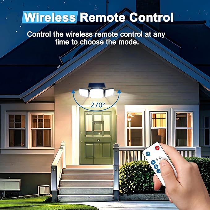 Solar Security Light Outdoor,Solar Flood Light with Active Motion Sensor,3 Heads 270° Wide Angle,Remote Control,IP65 Waterproof, 3 Modes (2 Packs)