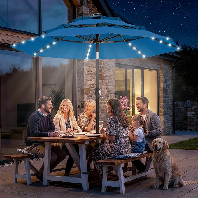 AreShark 9ft 3 Tiers Patio Umbrella with Solar Lights, Outdoor Umbrella w/ 32 LED Lights&8 Sturdy Ribs, Table Umbrella for Deck, Backyard, Pool (Royal Blue)