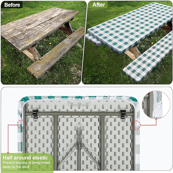 Picnic Table Cover with Bench Covers Camping Essentials Waterproof Windproof Camping Tablecloth with Drawstring Bag, Fitted Rectangle Tables and Seats, 72in, White Green Checkered