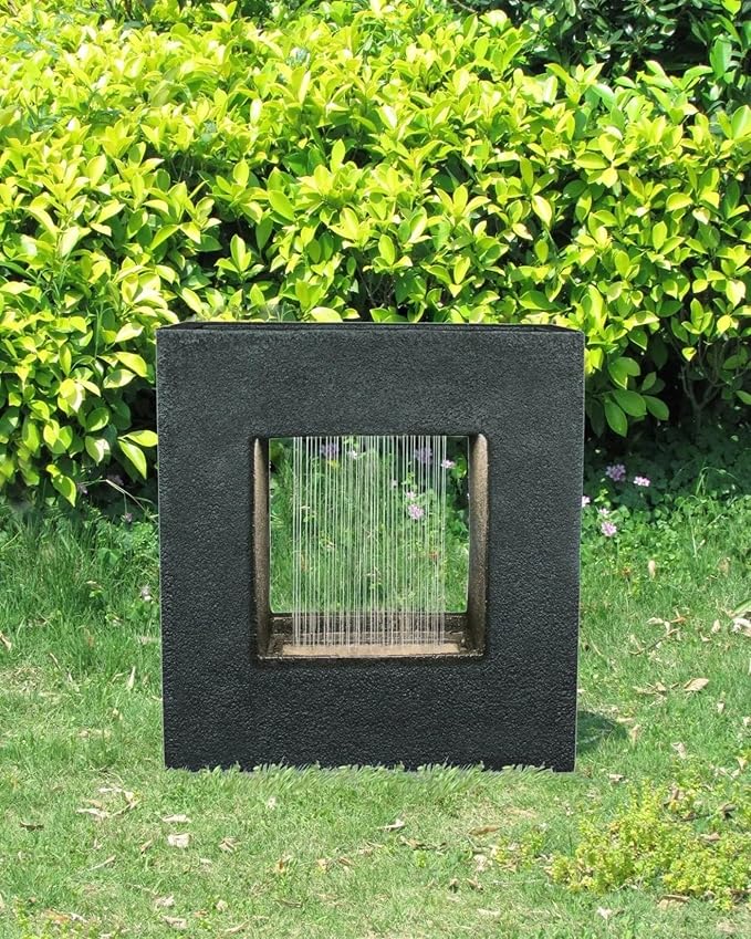 HI-LINE 21.75" LED Lighted Square Stone Rainfall Outdoor Garden Fountain with Planter