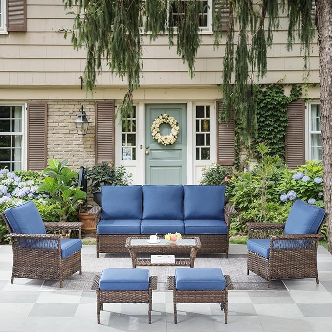 Patio Furniture Set 2 Wicker Patio Chairs 2 PE Rattan Ottomans with Blue Cushions Patio PE Rattan Sofa and Coffee Table Brown Wicker Patio Conversation Set 6pcs for Garden Backyard