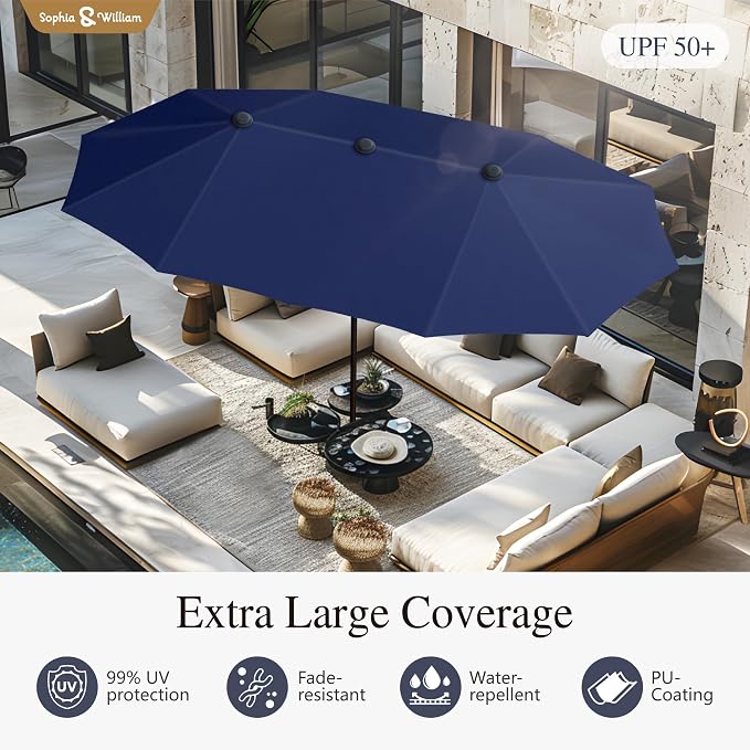 Sophia & William Patio Set with Umbrella Outdoor Dining Set for 6 with 13ft Umbrella Navy Blue, 6 x Patio Chairs Blue, 1 Wood Like Outdoor Dining Table for Deck Lawn Garden (No Umbrella Base)