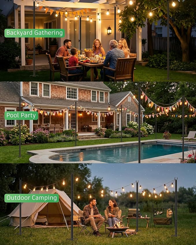 LAND·VOI Outdoor String Light Poles 4 Pack, Heavy Duty String Light Poles for Outside with 5-Prong Base & Adjustable Height, Perfect for Backyard, Patio, Garden, Fence and Party Decor