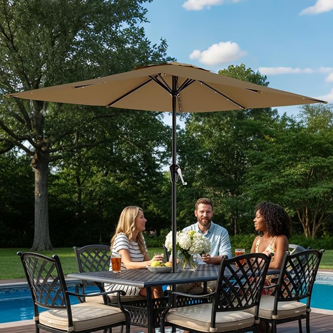 AreShark 8' X 10' Rectangular Patio Umbrella with Solar Lights, Lighted Solar Umbrella with Crank, Outdoor Table Umbrella for Garden, Deck, Backyard, Pool and Beach, Khaki
