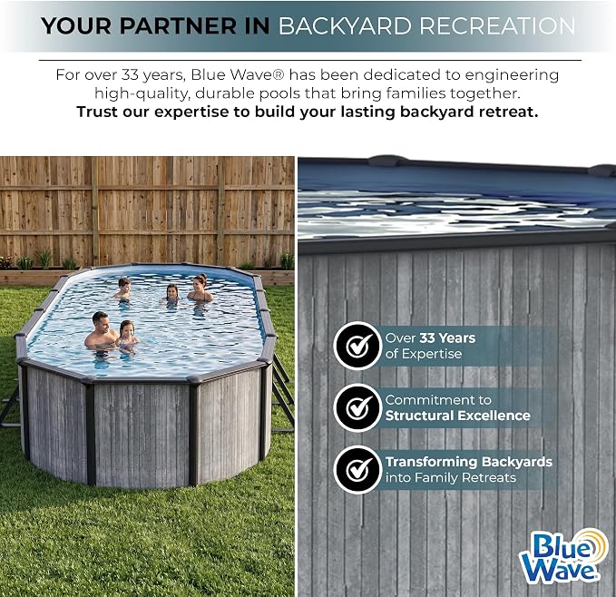 Blue Wave San Pedro 15x30-ft Oval 52-in Deep Hard Sided Steel Wall Above Ground Pool with 6-in Steel Top Seats, Dual-Speed Sand Filter System, Ladder, Skimmer & Liner – 9,900 Gallon Cap for Family Use