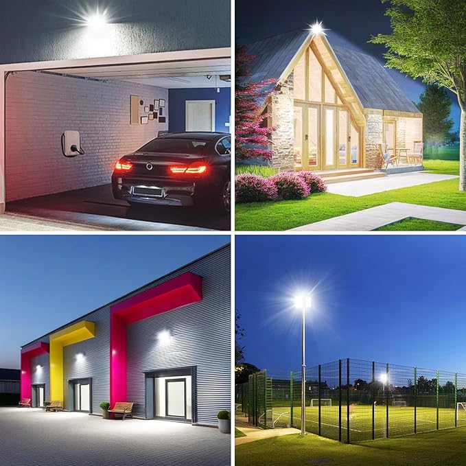 100W Flood Light Outdoor: 2 Pack 10000LM Bright LED Plug-in Flood Light, IP66 Waterproof, 100-265V, 6500K Daylight White, Plug-and-Play, Heat Dissipation, Ideal for Yard, Garage, Stadium