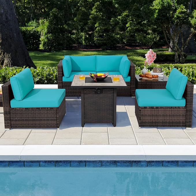 Tangkula 6 Piece Outdoor Rattan Sofa Set with 30in Propane Gas Fire Table, Ceramic Fire Tabletop, 50,000 BTU Heat Output, Cushions & Fire Pit Dust Cover, Patiojoy Weatherproof Wicker Set (Turquoise)