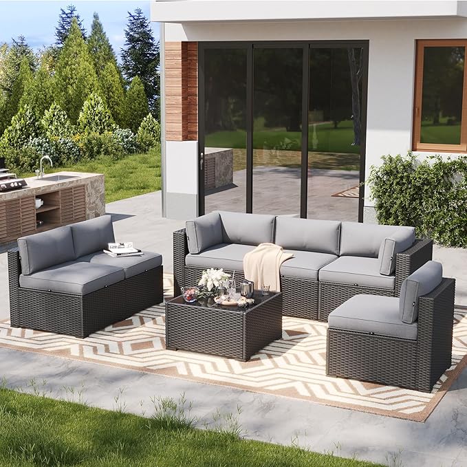 LazySunsets 7 Piece Outdoor Patio Furniture Set with Coffee Table, Outdoor Patio Furniture Sets with Waterproof Cover and 4'' Cushion, Wicker Rattan Outdoor Conversation Set for Backyard, Light Grey