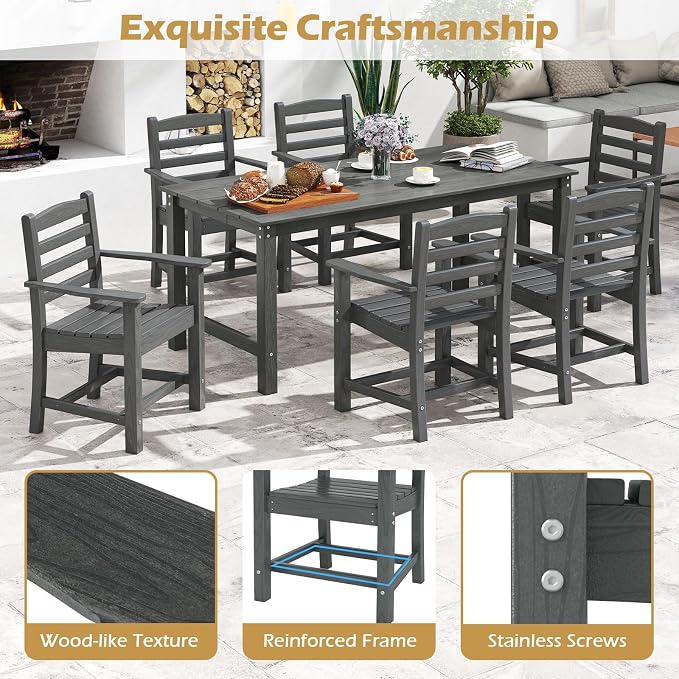 Tangkula 7 Pcs Outdoor Dining Table Set for 6, 67” HDPE Weather-Resistant Patio Rectangle Table & 6 Armchairs w/Curved Seat, Umbrella Hole, Wood Grain, Plastic Dining Furniture (Gray, 7 Pcs)