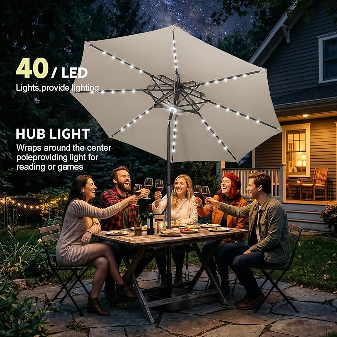 9ft Solar Umbrella Outdoor - 2-Tier Lighted Solar Patio Umbrella with 40 LED Lights Waterprool UV Protection, Table Umbrella with Tilt for Pool, Porch, Garden, Backyard (Taupe)