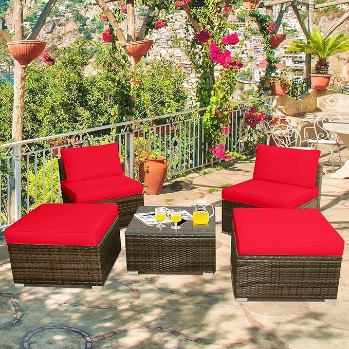 Tangkula 5 Piece Wicker Lounge Chair Set, with Tempered Glass Coffee Table, Outdoor Conversation Sets w/Washable Zippered Cushions, Includes 2 Armless Sofas, 2 Ottomans and 1 Side Table (Red)