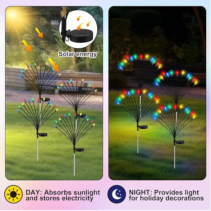 Rossesay 4 Pcs St Patricks Day Outdoor Decorations Solar Lights Waterproof Green 48 LED Swaying Pathway Firefly Stake Lights for Outside Yard Garden Lawn Decorations(Multicolor,Pine Cone)