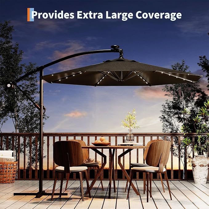 Garvee 10FT Solar Lights Offset Patio Umbrella with Cross Base, Cantilever Umbrella with Easy Lift & Tilt Adjustment, 8 Ribs Sun umbrella UV Protection for Backyard, Pool, Garden, Gray