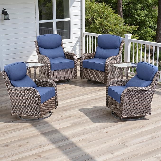 Rilyson Outdoor Patio Furniture Set - Weather Resistant Wicker,High Back,6 inch Cushions,6 Piece Patio Furniture Set with Swivel Rocker Chairs and Side Table for Deck Porch Yard,Brown/Blue