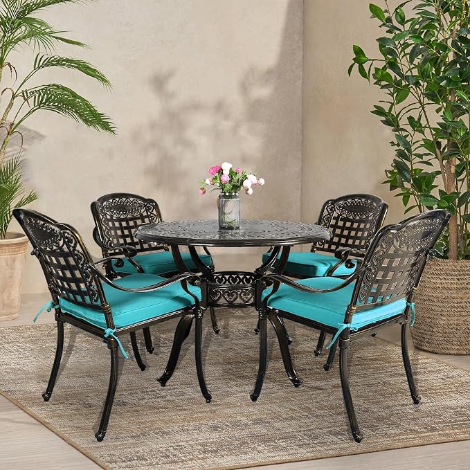 VIVIJASON 5-Piece Patio Furniture Dining Set, All-Weather Cast Aluminum Outdoor Conversation Set, Include 4 Cushioned Chairs and 1 Round Table w/Umbrella Hole for Balcony, Backyard, Ocean Blue Cushion