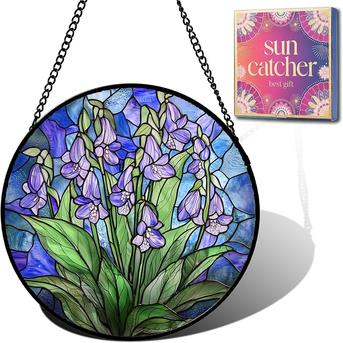 Birthday Gifts for Women - Violet Flowers Faux Stained Glass Window Hanging Sun Catcher for Door Garden Acrylic Decor Mother's Day Christmas for Mom Nana Grandma Sisters Wife 6.3"