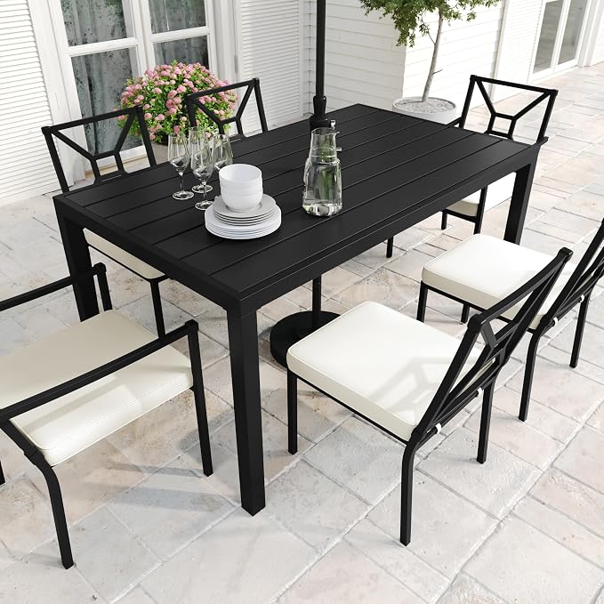 Martha Stewart Lily Pond 60" All-Weather Patio Table with Slatted Tabletop, Umbrella Hole, and Steel Frame in Black
