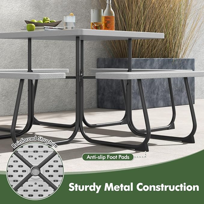 Square Picnic Table for 8 Person, Outside Table Bench Set w/ 4 Built-in Benches, Umbrella Hole, HDPE Top & Metal Frame, 2000LBS Capacity Outdoor Picnic Table for Garden, Porch, Patio (Grey)