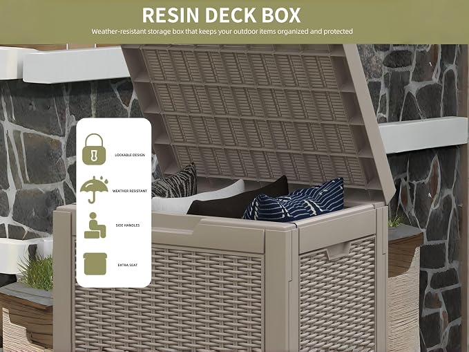 35 Gallon Outdoor Storage Box, Weather-Resistant Resin Deck Box, Multi-Purpose Lockable Patio Bin, Waterproof Garden Tool Organizer, Portable Cushion Chest for Poolside & Backyard