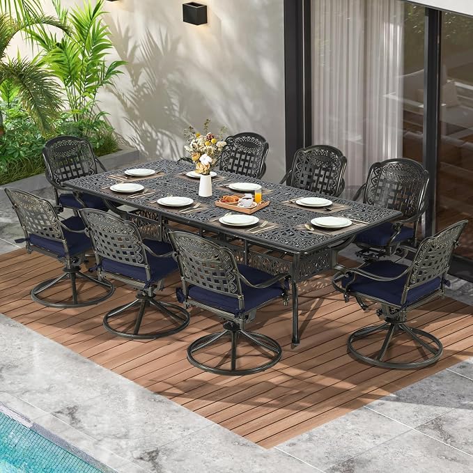 MEETWARM 9-Piece Outdoor Patio Dining Set, All Weather Cast Aluminum Patio Funiture Table and Chairs Set- 94.5” Rectangle Table and 8 Cushioned Swivel Rocker Chairs, Umbrella Hole, Navy Blue