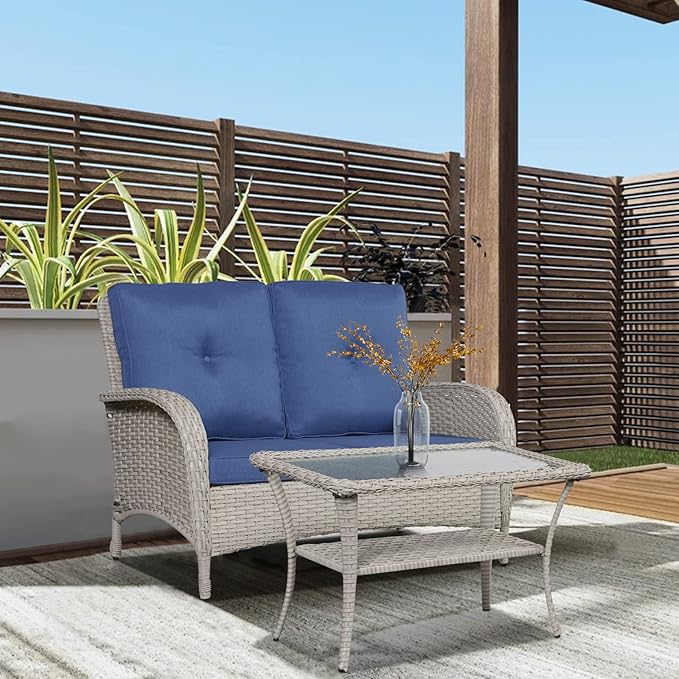 Belord Wicker Conversation Sets Patio Furniture 5 PCS Outdoor Rocking Chairs with Rattan Loveseat, Wicker Table and Chairs Set for Patio Deck Poolside Blue Cushion