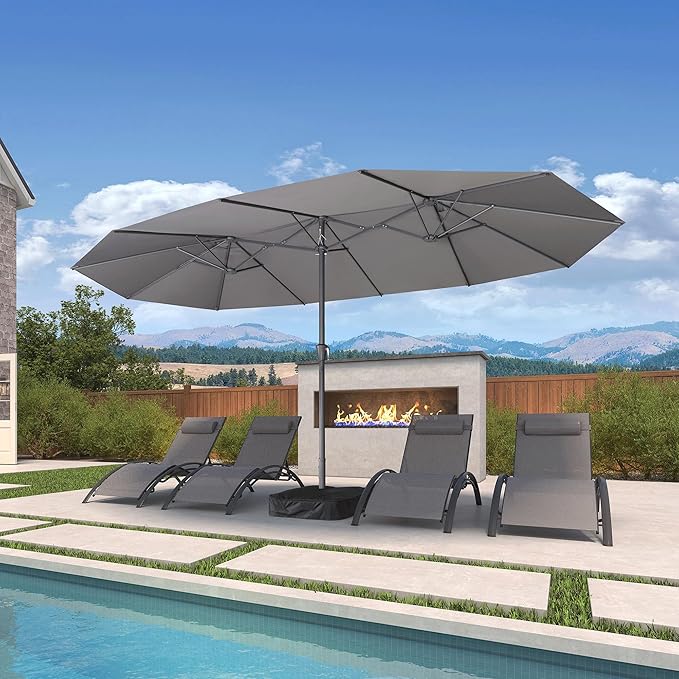 PURPLE LEAF 15ft Patio Umbrella with Base Included Double-Sided Rectangle Market Outdoor Umbrella Table Umbrella with Crank for Pool Garden Deck, Grey