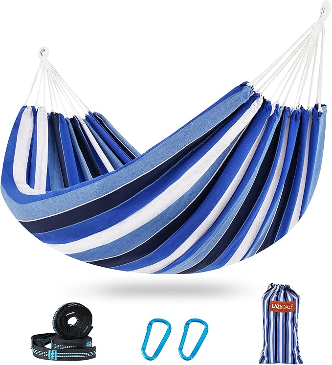 Lazy Daze Hammocks Extra Large Double Hammock, Portable Camping Hammock with Travel Bag & Tree Straps for Outdoor, Camping, Backyard, Patio, 550lbs Capacity, Blue