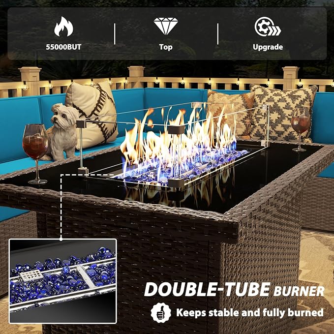 13 Pieces Patio Furniture Set with 44" Propane Gas Fire Pit Table, Outdoor Sectional Wicker Conversation Sofa Sets with Coffee Table