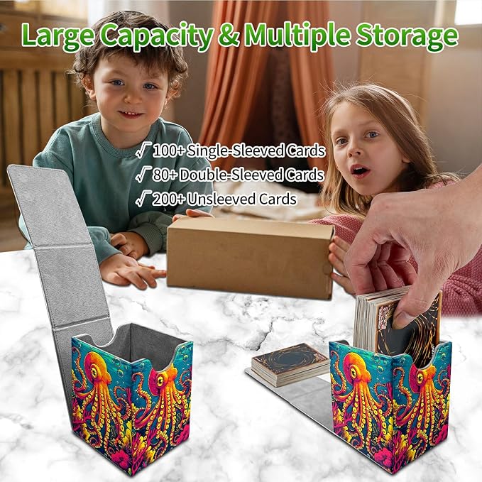 Octopus Ocean Bottom Card Deck Box for MTG, Personalized Card Storage Case Fits 120+ Sleeved Cards, Premium Leather TCG Box with Strong Magnetic Closure for Magic, CCG, PTCG, Baseball Cards