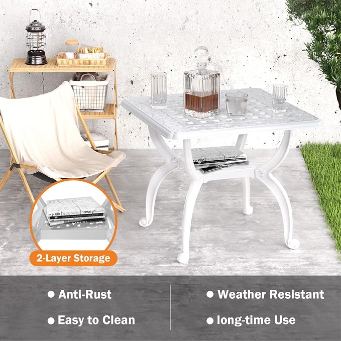 21" Patio Bistro Table, Cast Aluminum Table, Outdoor Table for Garden/Yard/Pool/Porch, White