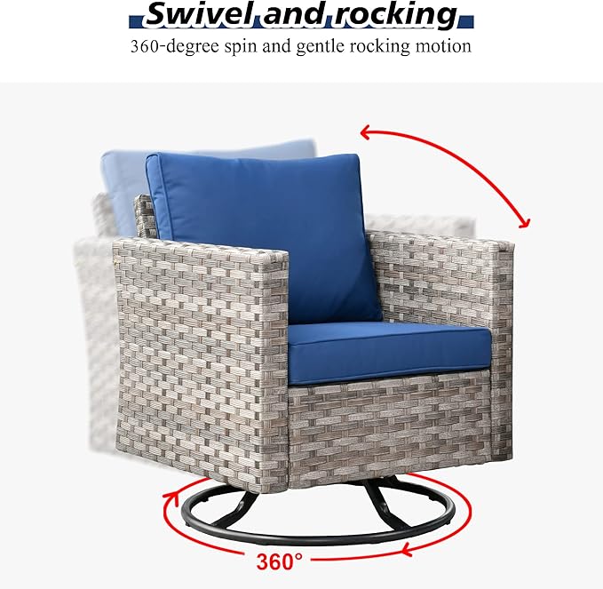 HOOOWOOO Outdoor Patio Sectional Furniture Sofa Set with Fire Pit Table,10 Piece Modern Wicker Couch with Swivel Chairs,Modular Conversation Seating Set with Widened Armrest for Garden(Navy Blue)