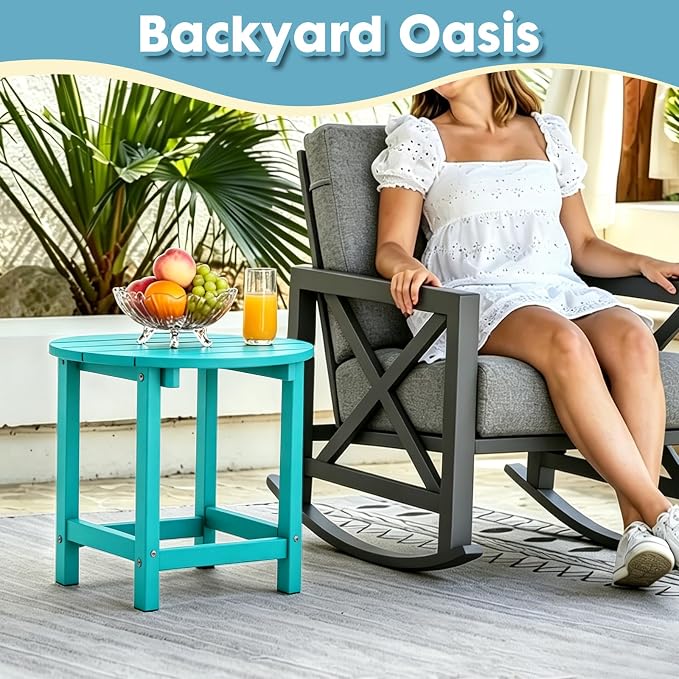 Outdoor Side Table, Adirondack Round 17" Patio Table, Easy Maintenance & Weather Resistant, HDPE End Table for Backyard, Pool, Patio, Porch, Tuoquise