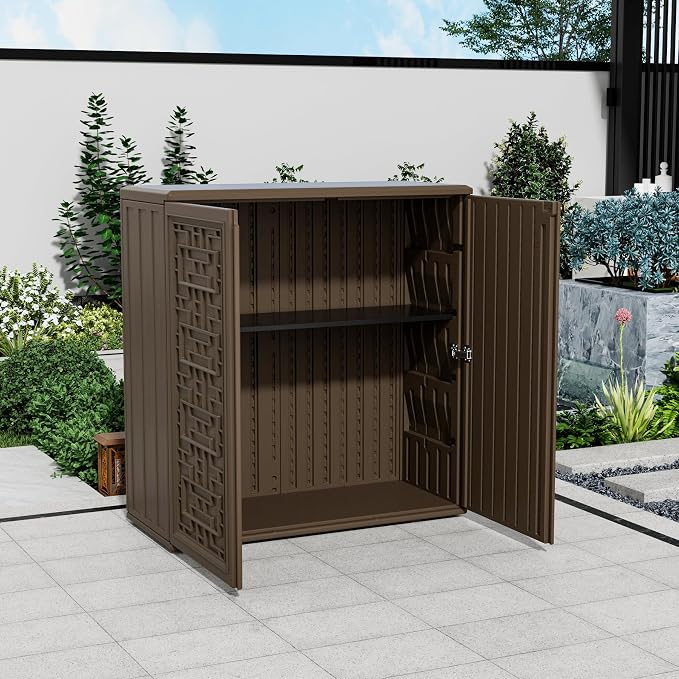 Mrosaa Storage Box Outdoor Caninet,Resin Indoor Storage Box Waterproof Outdoor Storage Cabinets for Patio/Garden/Backyard, Size 34.3''L*15''W*36.2''H(Brown)