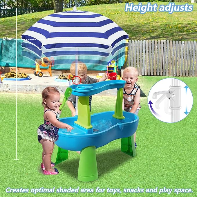 Kids Water Table Umbrella and Cover, Heavy-Duty 600D Waterproof Anti-UV Dustproof Water Table Cover with Umbrella, Compatible with Step2 Rain Showers Splash Pond Water Table, Blue