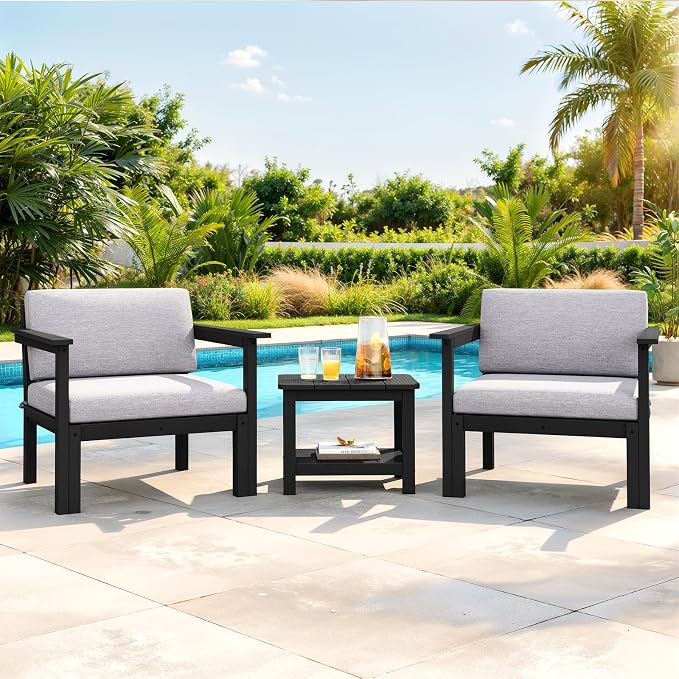 Modular Outdoor Patio Conversation Set, 3-Piece HIPS Chairs with Side Table & Thick Cushions– Side Interlock & Detachable Armrest, All-Weather Patio Furniture Set for Backyard, Deck, Poolside