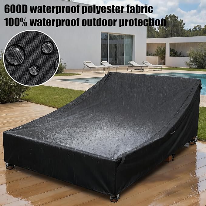 Outdoor Double Chaise Lounge Chair Cover Waterproof Weather-Resistant Polyester Outdoor Furniture Protection Cover 90D x 66W x 36H for Extra Large Patio Double Chaise Loungers & Sunbed Daybed, Black
