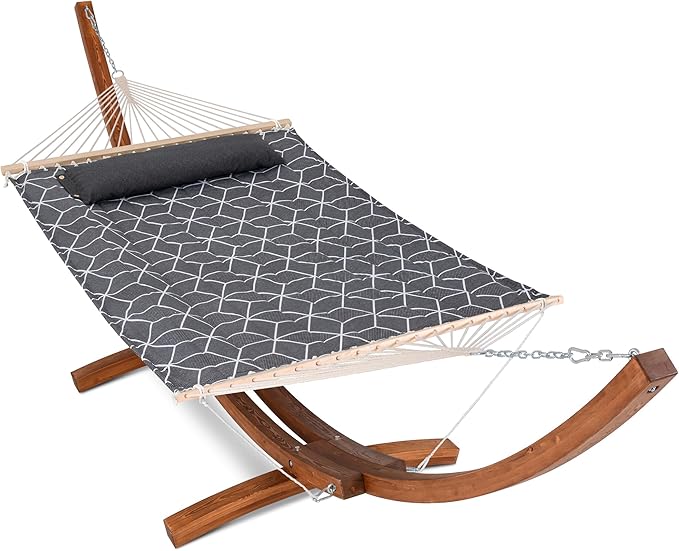 ANOW Heavy Duty Curved Wood Arc Stand with 2 Person Hammock, 13.5FT Larch Wood Stand with 2 Chains, 4 Balance Ropes and 4 Carabiners, Includes Gray Cube Hammock with Spreader Bars