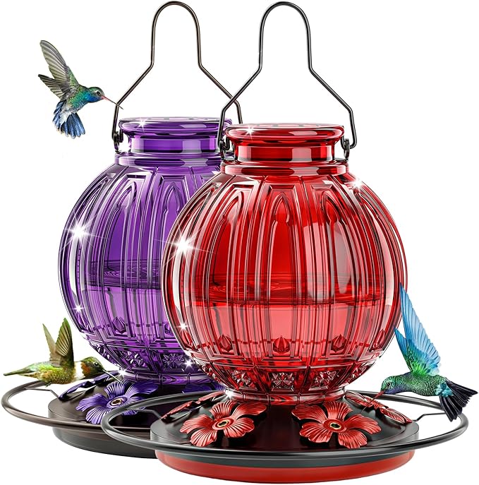 2 Pack Glass Hummingbird Feeder for Outdoors Hanging, Bird Nectar Feeder with Perch & 5 Flower Feeding Ports, 26 Oz Leak Proof for Outside Garden Decor Backyard, Gifts for Women Mom, Red & Purple