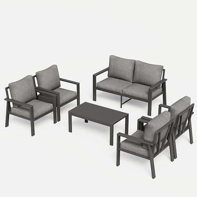 6 Pieces Aluminum Outdoor Patio Furniture Set 6-Seat Deck Furniture Patio Conversation Sets All-Weather Rust-Proof Sectional Sofa Set with Removable Cushion for Balcony, Yard, Poolside