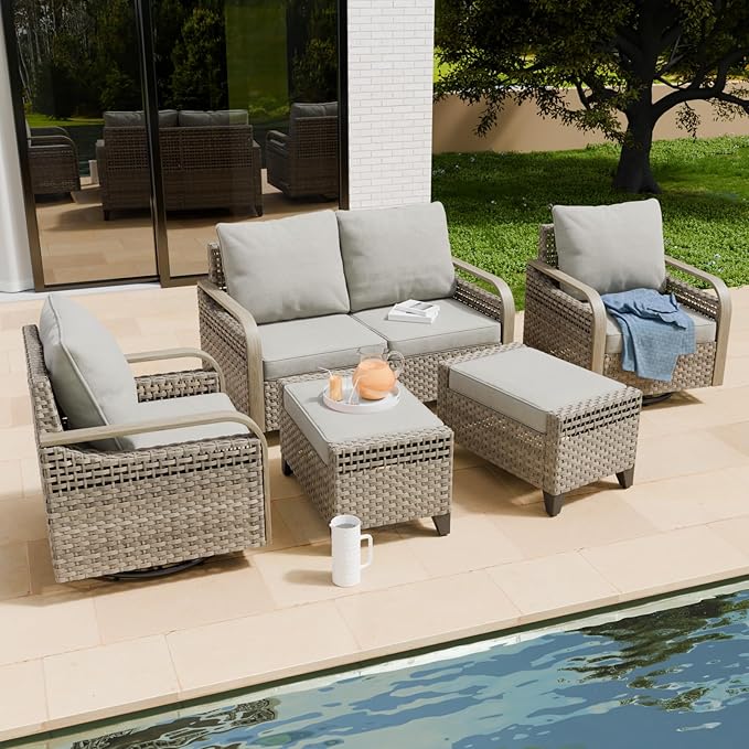 COOS BAY Modern Wicker Outdoor Furniture Set, 5 Piece Patio Conversation Set with 2 Swivel Rockers, a 3 Seat Couch and 2 Ottomans, 5 Piece, Brown/Gray
