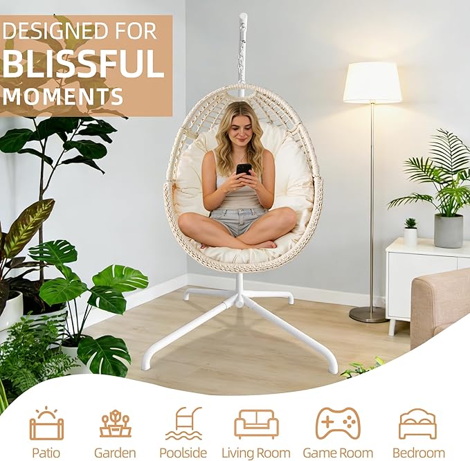Hanging Egg Chair Swing Chair with Stand Wicker Rattan Chair for Indoor Outdoor Patio Bedroom Hammock Chair with Steel Frame and Cushion (Color: Beige)
