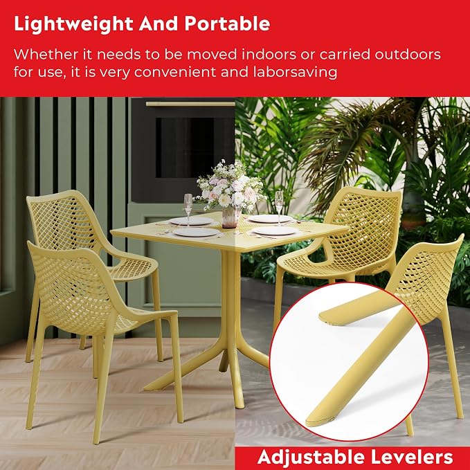 Costaelm Patio Dining Table for 4, Square PP Patio Table, 4-Person Weather Resistant Porch Tables for Outside Poolside Deck Lawn Garden Backyard, Yellow