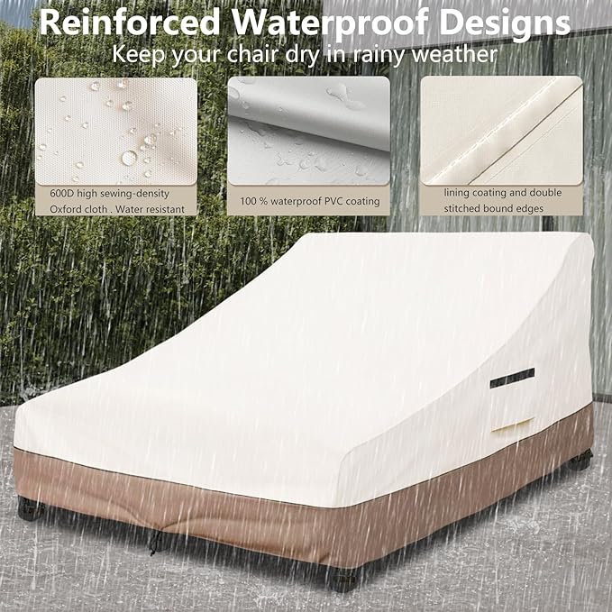 Okcool 100% Waterproof Patio Double Wide Chaise Lounge Chair Cover, 600D Tough Canvas 80 Inch Outdoor Chaise Lounge Covers,Beige & Brown