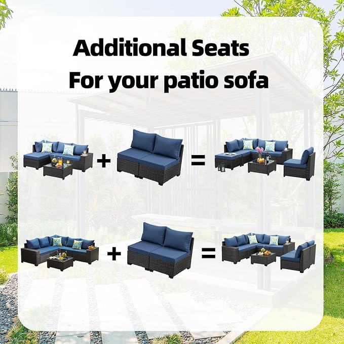 JOYURE 2 Pieces Patio Furniture Set, Outdoor Sofa with Waterproof Cushions, Rattan L Shaped Patio Couch, Modern Outdoor Furniture for Backyard, Deck, Balcony – Navy