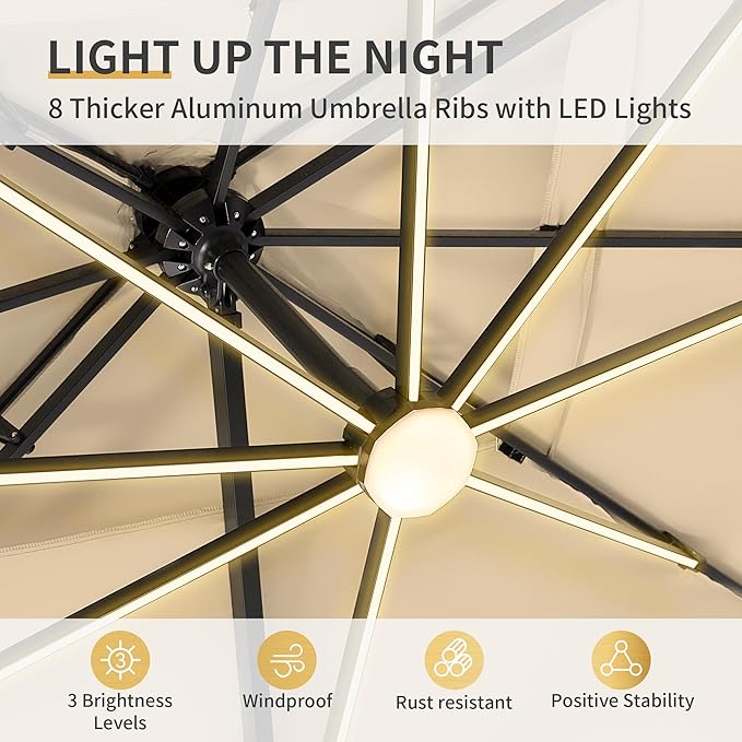 10 X 13 FT Cantilever Patio Umbrella with Led Lights Outdoor Rectangle Offset Large Double Top Heavy Duty Umbrellas with 360°Rotation for Pool Deck Backyard Garden, Beige