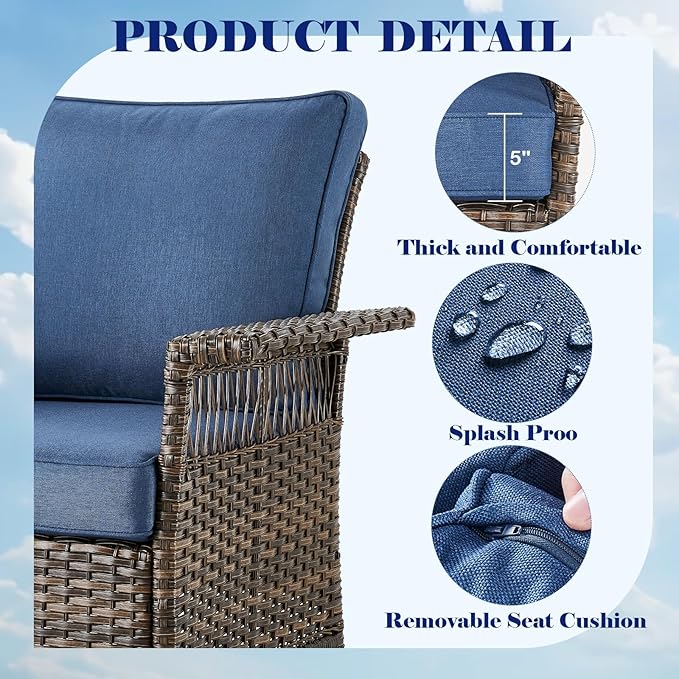 Outdoor Wicker Patio Furniture Set - 5 Piece Rattan Patio Conversation Sets with 2 Swivel Rocking Chairs,2 Ottomans and 1 Side Table for Porch Deck Garden(Brown/Blue)