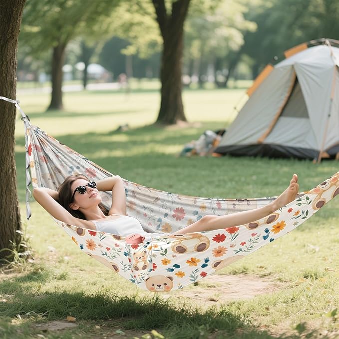 Camping Hammock Outdoor Hammocks for Outside Bear Flower Beach Trees Portable Lightweight with Pockets Tree Straps Indoor Small